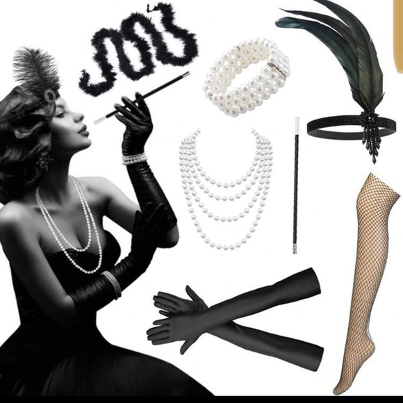 7 pcs 1920s costume party set gloves feather gatsby - Picture 1 of 9